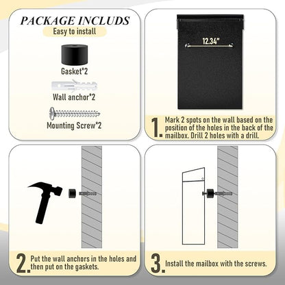 xydled Mail Boxes with Key Lock,Locking Mailbox Wall Mounted,Large Capacity,Steel Cover Metal Postbox for House, Black, 12.34''x8.5''x3''