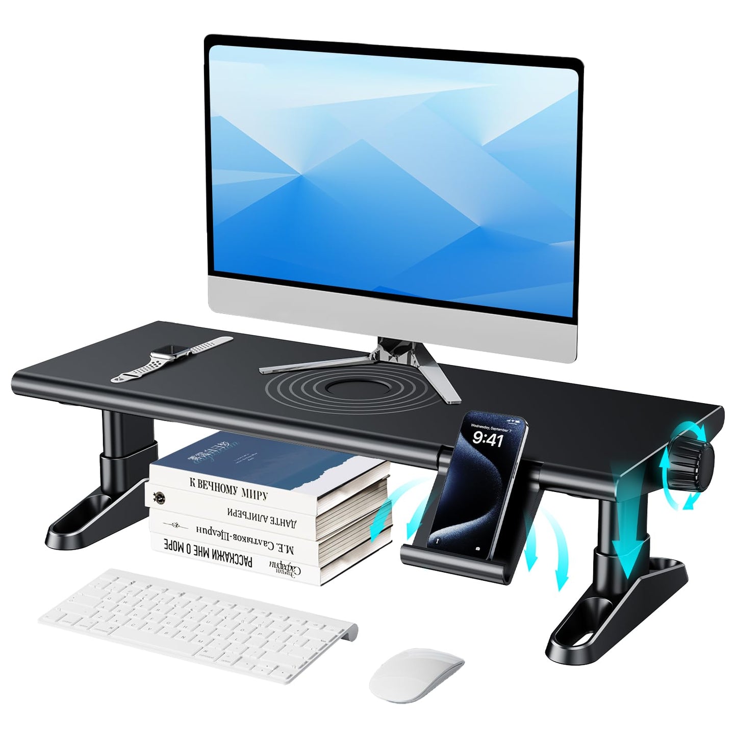 NIFBANG Computer Monitor Stand Riser for Desk,4.4-5.7 Inches Freely Height Adjustable with Cellphone Holder,Multi-Purpose Desktop Organizer Monitor Stands Riser for Computer,Laptop,Printer,TV (BLack)
