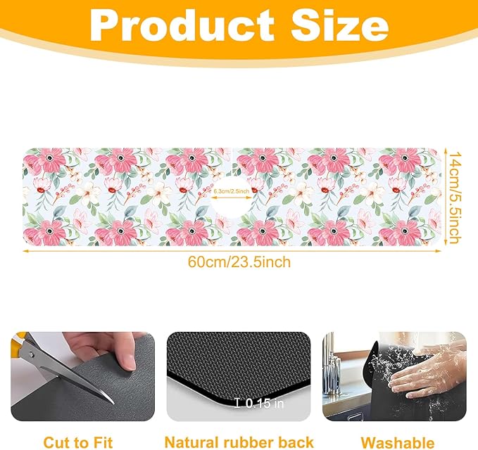 2 Pack Watercolor Floral Sink Faucet Absorbing Mat White Pink Flowers Super