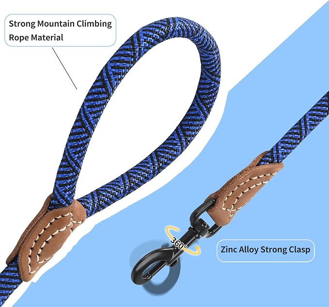 Mile High Life Rope Leash with Genuine Leather Connection, 6 FT/5 FT/4 FT, Heavy Duty Leash for Medium & Large Dogs (Blue, 72 Inch)