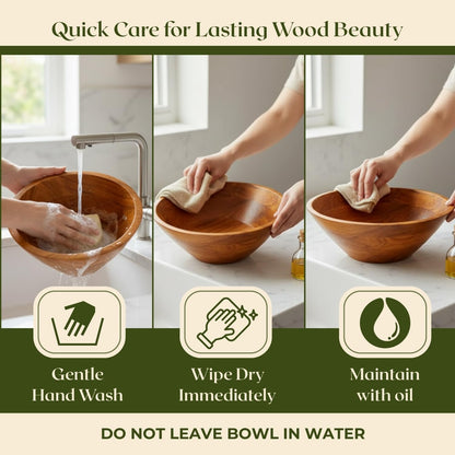 Aurah Acacia Wood Salad Bowl, 9.7" Diameter x 4.2" Height – Medium Wooden Mixing & Serving Bowls for Salad, Pasta and Fruits – Kitchen & Outdoor Dining - Capacity 3.8 Quarts