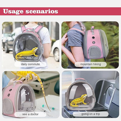 WEVONIGU Expandable Small Animal Backpack Carrier with Clear Bubble Window Large Space Travel Cage for Hedgehog Rat Parrot,Bearded Dragon,Sugar Glider,Airline Approved (Pink, BE Backpack)
