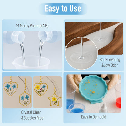 Clear Epoxy Resin Kit 2 Part 32 oz for Table Bar Top Countertop Wood Food Safe Self-Leveling Resina Epoxica Casting Coat Set for Art Cratft Tumblers Jewelry Molds