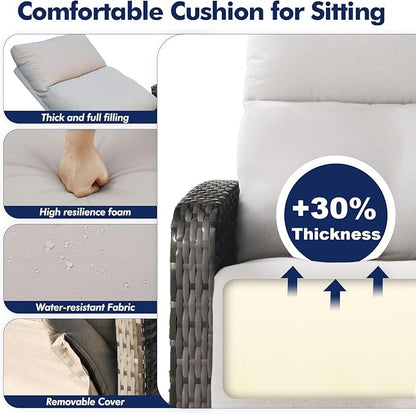 Outdoor Recliner Chair Set of 2, Wicker Patio Recliners with Adjustable Backrest and Extended Foot Rest, Reclining Patio Chairs with Flip Table & Removable Cushion Cover for Porch