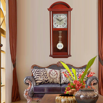 CUYOU Arched Wooden Wall Clock with Pendulum and Chimes,Battery Operated,Large Elegant Wooden Design,for Living Room, Kitchen,Office&Home Decor (Brown)