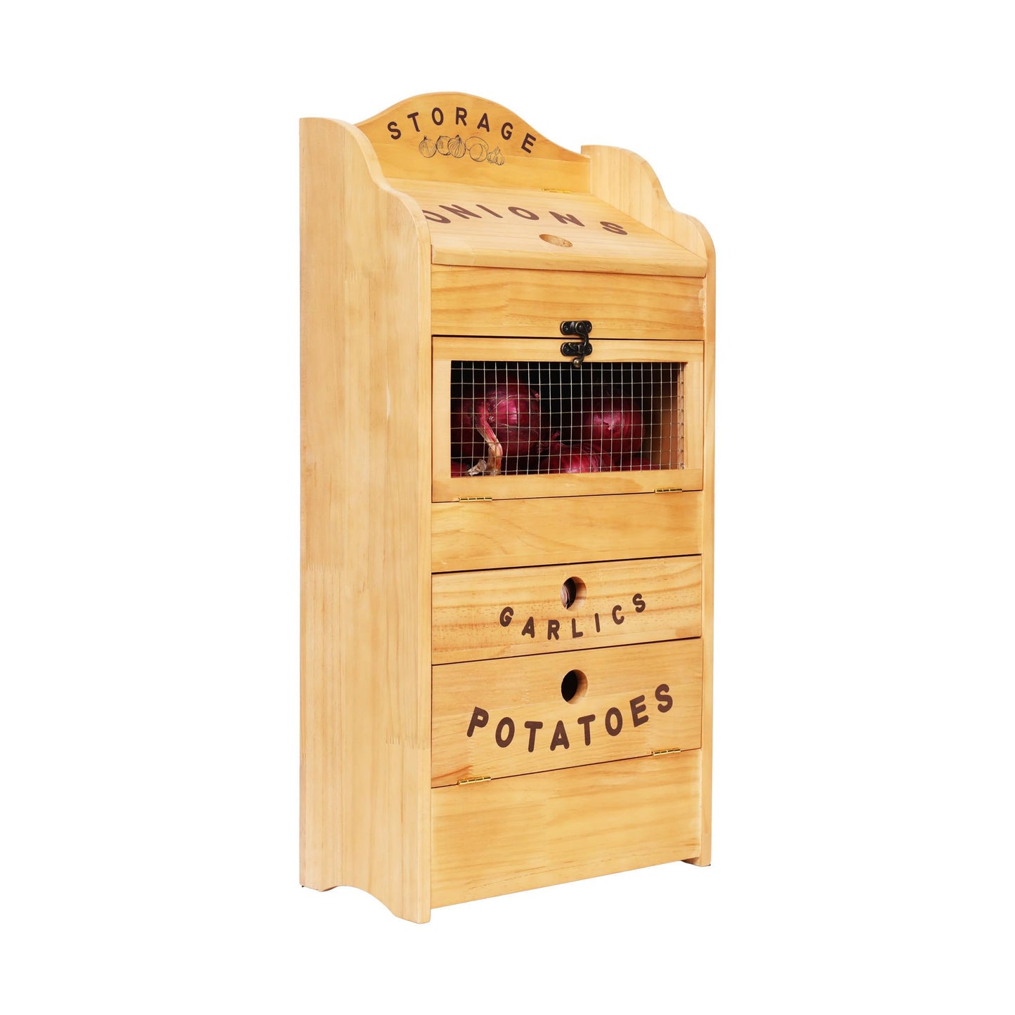 Potato Bin Veggie Organizer Rustic Pine Wood Potato, Onion & Garlic Storage Bin | Kitchen Organizer | Solid Wood Veggie Box | Compact Kitchen Box (13.77" L x 7.1" W x 29.3" H)