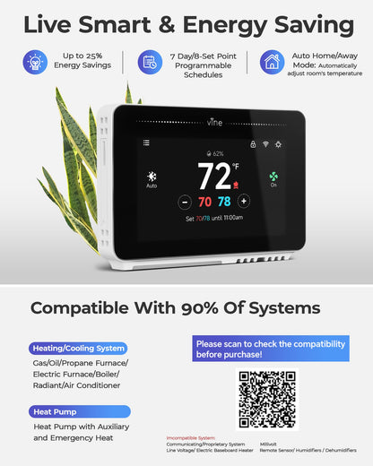 Vine Smart Thermostat for House with Nightlight, 4.3 Inches WiFi Thermostats for Home Compatible with Alexa and Google Assistant, 7day x 8period Programmable, C-Wire Required