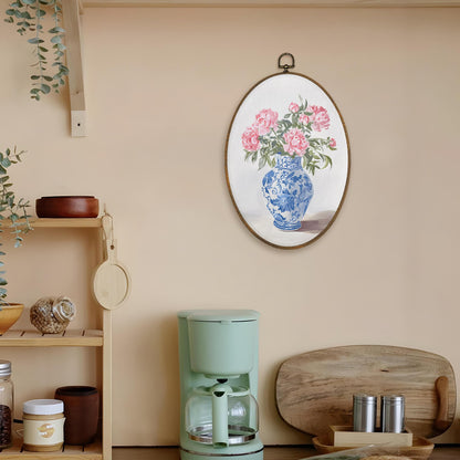 LKETW Chinoiserie Floral Oval Wall Art Decor, Blue and White Chinoiserie Porcelain Pink Flower Oval Canvas Hanging Decor, Grand Millenial Wall Decorations for Home Bedroom Office, 8.6x11.4 Inch