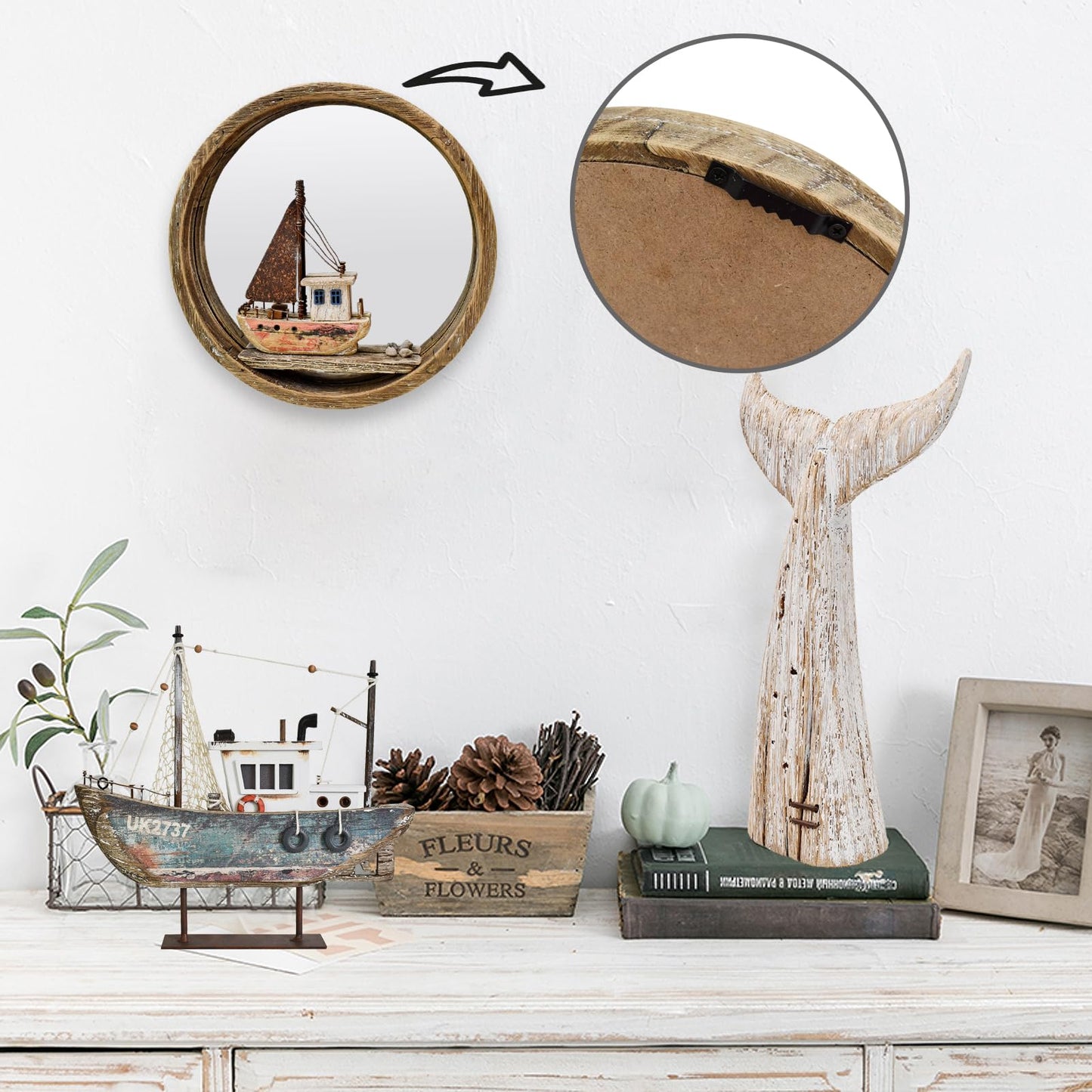 Nautical Wood Wall Decoration Hanging Circle Mirror Sailboat Sign Wooden Sailing Boat Rustic Home Decor Ocean Wall Art Beach Themed Ornament for Door