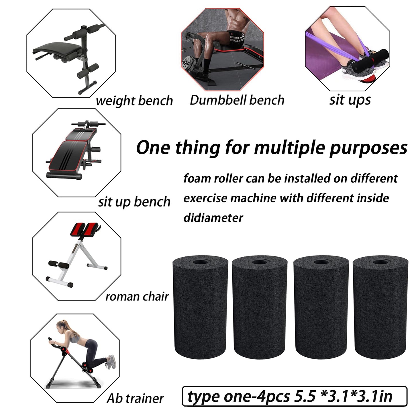 Foot Foam Pads Rollers(7.87in*3.14in*3.14in) for Exercise Machine, Inversion Table, Workout Bench, Sits Ups Replacement Parts, Home Gym Accesories