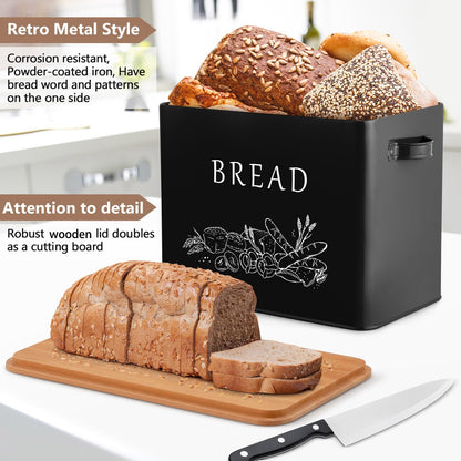 P&P CHEF Bread Box for Kitchen Counter, Metal Bread Storage Bin with Wooden Cutting Lid, Large Capacity for Holding 2+ Loaves, Retro Modern Style, Size 13” x 7.2” x 9.7”, Black