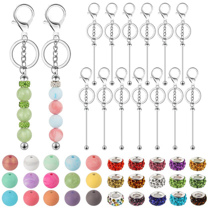 CXIIPOL 105 Pcs Beadable Keychains Set, Bulk Beadable Keychains Bars DIY Blank Keychain, Metal Beaded Keychain with Bars Silicone Beads Spacer Beads