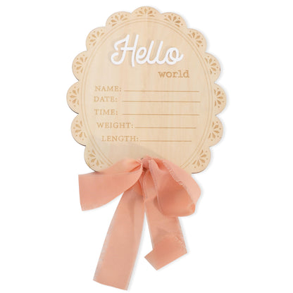 Girls Hello World Wood Sign - Newborn Birth Announcement Plaque, Scallop Edge Wooden Sign Disc, Hospital Name Welcome Baby Photo Props, Baby Shower Keepsake Gifts