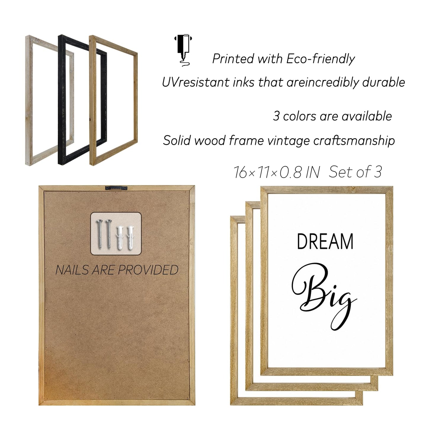 Motivational Positive Sign Wall Decor 11x16 Inch Office Set Of 3 Wood Framed Large Inspirational Quotes Living Room Home Wall Art Dream Big Work Hard Make it Happen women Hanging (Wood)