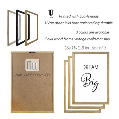 Motivational Positive Sign Wall Decor 11x16 Inch Office Set Of 3 Wood Framed Large Inspirational Quotes Living Room Home Wall Art Dream Big Work Hard Make it Happen women Hanging (Wood)
