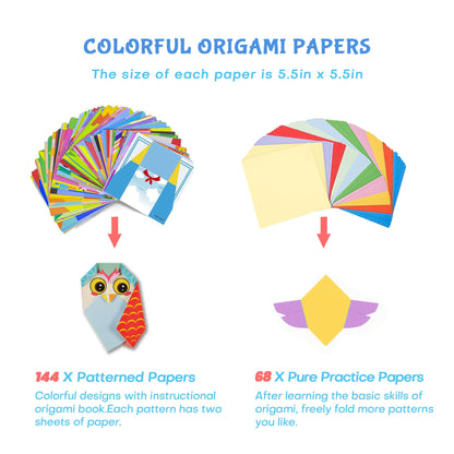 Origami Kit for Kids Ages 5-16, 212 Sheets with 72 Patterns & Instruction Book | Origami Paper Kit for Beginners & Advanced | Arts & Crafts Toys for Girls & Boys Ages 8-12 | Birthday & Christmas Gifts