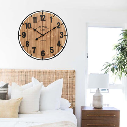 EMAX HOME Large Old Town Farmhouse Wall Clock 24 Inch Rustic Antique Wood with Metal Circle and Large Numerals Silent Battery Operated Wall Clock for Office Kitchen Bedroom Living Room