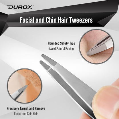 DUROX 3-Piece Tweezers Set for Ingrown Hair & Splinter Removal - 1. Pointed Ingrown Hair Tweezers, 2. Sharp Splinter & Sliver Remover, 3. Blunt Tip Facial & Chin Hair Tweezers, Stainless Steel, Pouch