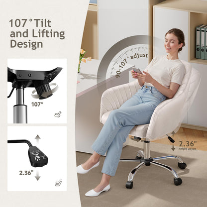 Warmiehomy Velvet Desk Chair for Home Office, Modern Adjustable Swivel Task Chair, Women Vanity Chairs with Arm Rest for Bedroom Dressing Room, Cozy Beige