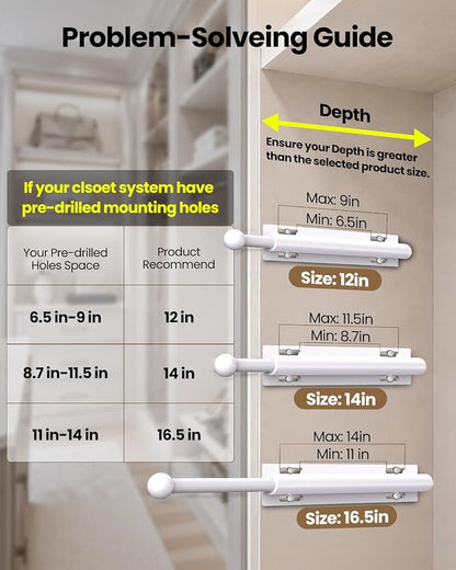 Supforce Valet Rod for Closet Pull Out, Retractable Slide Out Valet Rod Closet Organization, 12" Aluminum Valet Clothing Hanger Rods Perfect for Suits, Freshly Pressed Clothes, White