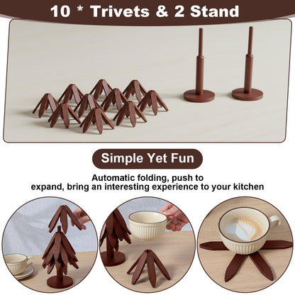 PercyEffie 10 Wooden Trivets for Hot Dishes 2 Set Christmas Tree Shape Trivet Set Natural Foldable 10 Wooden Tree Trivets + 2 Stand Stored Trees Coaster for Kitchen Table Hot Dishes Pot Bowl Teapot