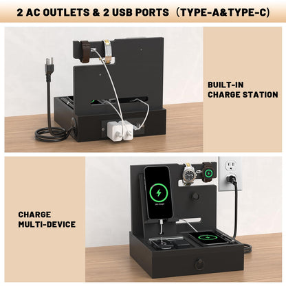 Wood Phone Docking Station with USB Ports and Outlets, Nightstand Organizer with Charging Station, Bedside Organizer with Drawer for Watch & Accessories, Christmas Anniversary Birthday Gifts for Men
