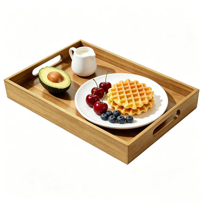 Acacia Wood Serving Tray with Handles, 17 x 12 Inch Large Wooden Tray for Food & Drinks, Coffee Table, Ottoman, Breakfast in Bed – Includes Free Leather Mat