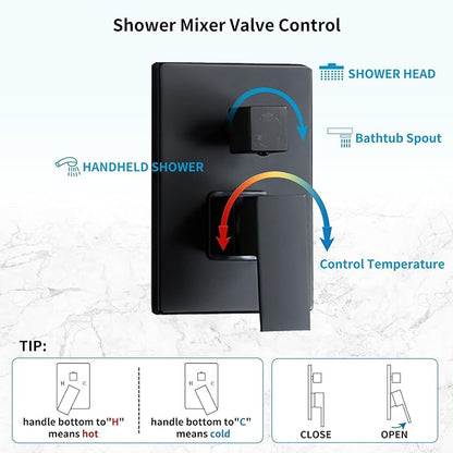 Matte Black Shower Faucet Set with Tub Spout 10 Inch, Shower Head and Handle with 2 Hooks, Tub and Shower Faucet Combo, Rain Shower and Handheld Shower System Square Wall Mount for Bathroom