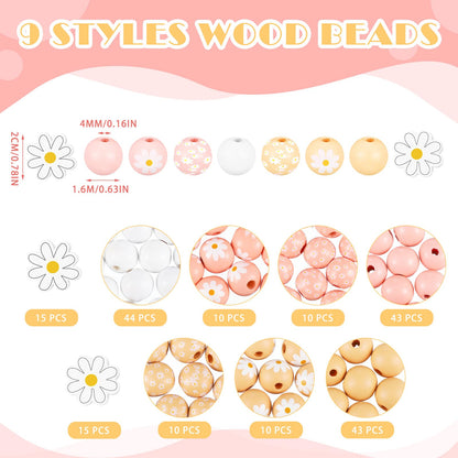 Buryeah 200 Pcs Daisy Flower Wooden Beads Set 16mm Daisy Round Beads 20mm Rustic Farmhouse Colorful Floral Printed Charms for Spring Summer DIY Crafts Jewelry Garland Keychain Making