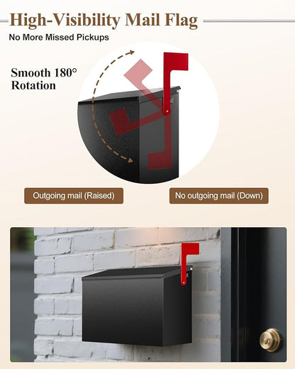 Wall-Mount Mailbox for Outside, Large Capacity Rust-Proof Mail Box with Stay-Open Lid & Red Flag Kit, Galvanized Steel Weather-Resistant Post Box for House Outside, 10.5"x4.3"x14.2", Black