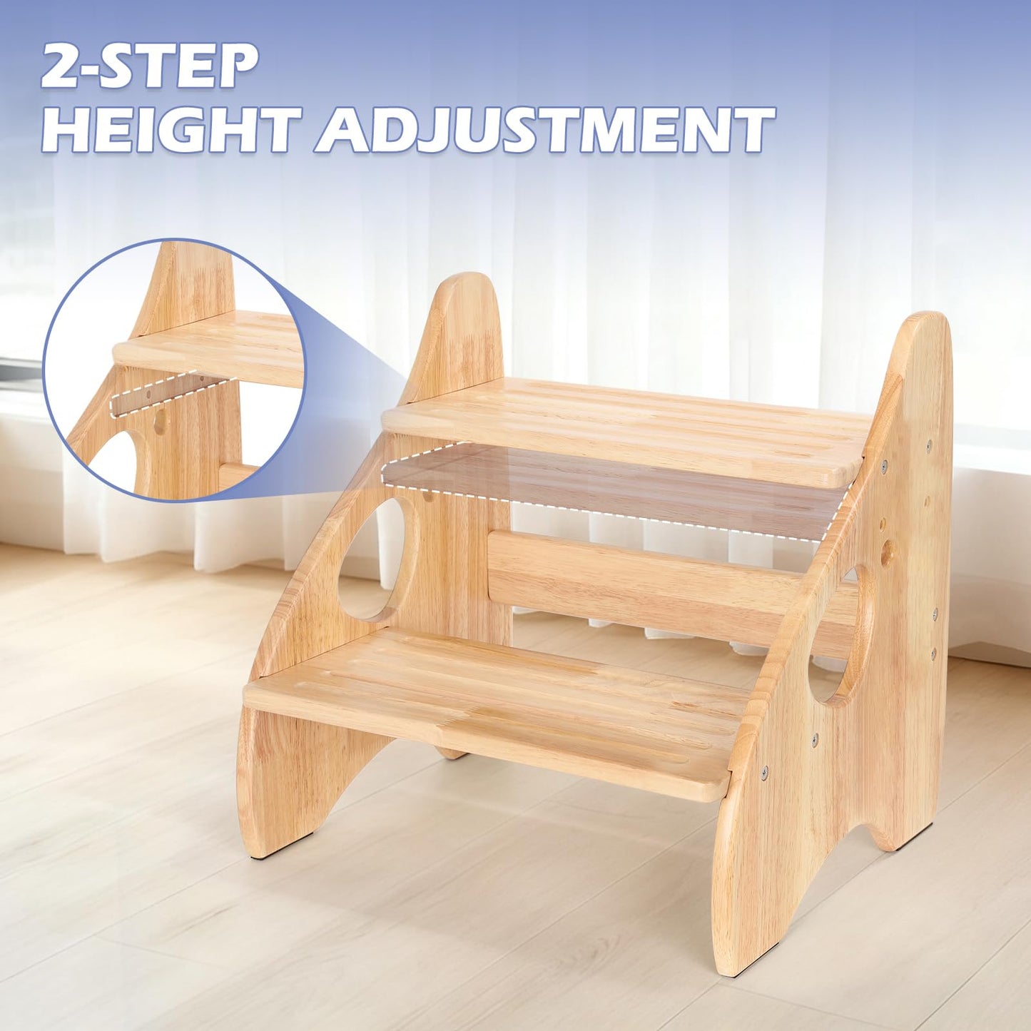 Toddler Step Stool, Adjustable Height 2 Step Stool for Kids with Handles & Non-Slip Pads, Rubberwood Kids Step Stool for Bathroom Sink, Kitchen & Bedroom, Supports Up to 200 lbs, for Adults & Kids