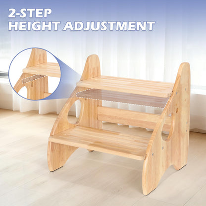 Toddler Step Stool, Adjustable Height 2 Step Stool for Kids with Handles & Non-Slip Pads, Rubberwood Kids Step Stool for Bathroom Sink, Kitchen & Bedroom, Supports Up to 200 lbs, for Adults & Kids