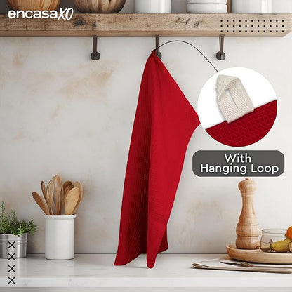 Encasa XO Kitchen Dish Towels Set | Red | Waffle Weave and Flat Hand Tea Towel