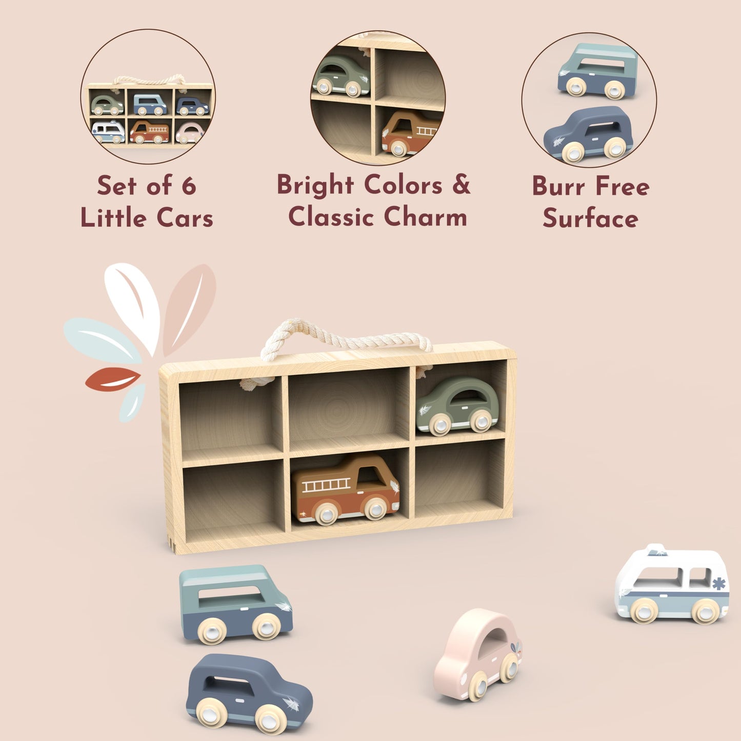 SPEEDY MONKEY Wooden Toy Cars Set for Pretend Play | 6-Piece Kids Vehicle Set with Wooden Storage Case | Includes Fire Truck, Ambulance & Colorful Mini Cars for Kids Ages 3+