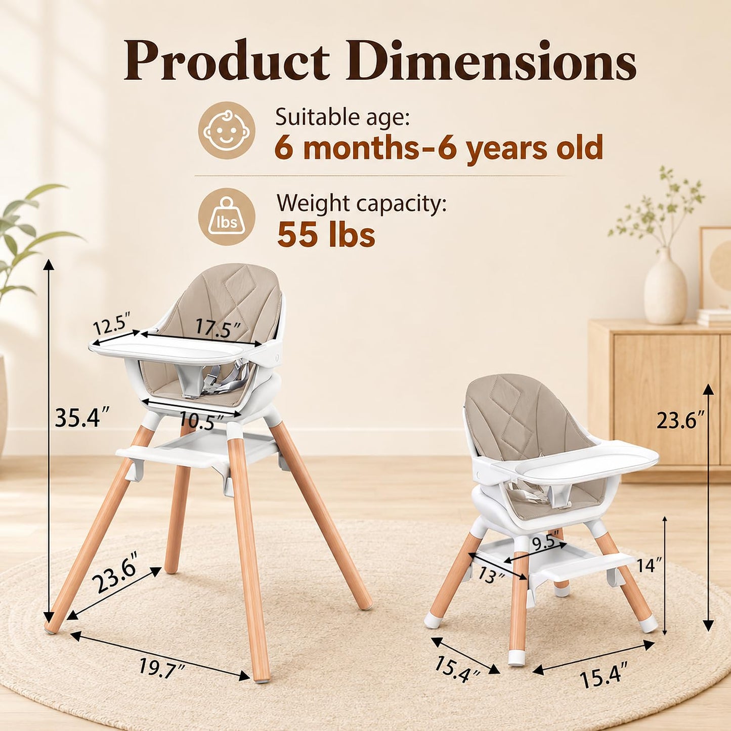 DDIOYIUR Baby High Chair, 6 in 1 Convertible High Chairs for Babies and Toddlers, Easy Clean Highchair with Removable Double Tray, 5-Point Harness, Reversible Footrest, Beech Wood Legs, Champagne