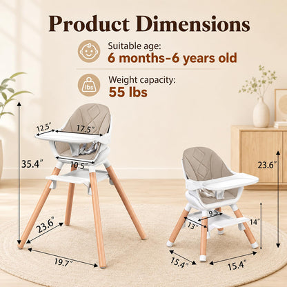 DDIOYIUR Baby High Chair, 6 in 1 Convertible High Chairs for Babies and Toddlers, Easy Clean Highchair with Removable Double Tray, 5-Point Harness, Reversible Footrest, Beech Wood Legs, Champagne