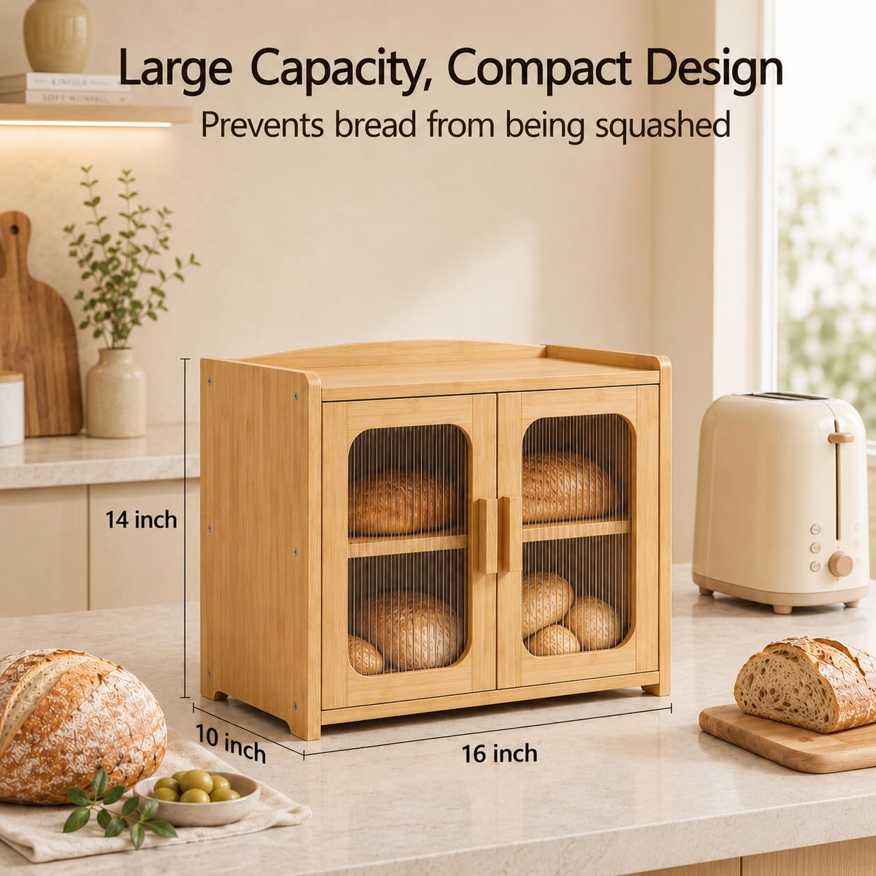 Florwish Bread Box for Kitchen Countertop, Large Capacity Wooden Bread Box, Fluted Acrylic Window Farmhouse Bread Storage, 2 Tier Corner Bread Box for Homemade Bread & Sourdough Bread, Natural Bamboo