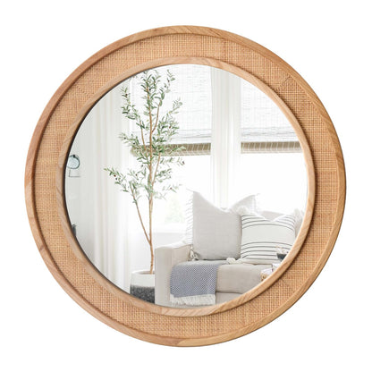 Tunjig 24" Round Rattan Mirror, Circle Wall Mirror, Farmhouse Wooden Vanity Mirror with Handmade Wicker Frame, Decorative Boho Mirror for Nursery Bedroom Living Room Entryway Nature