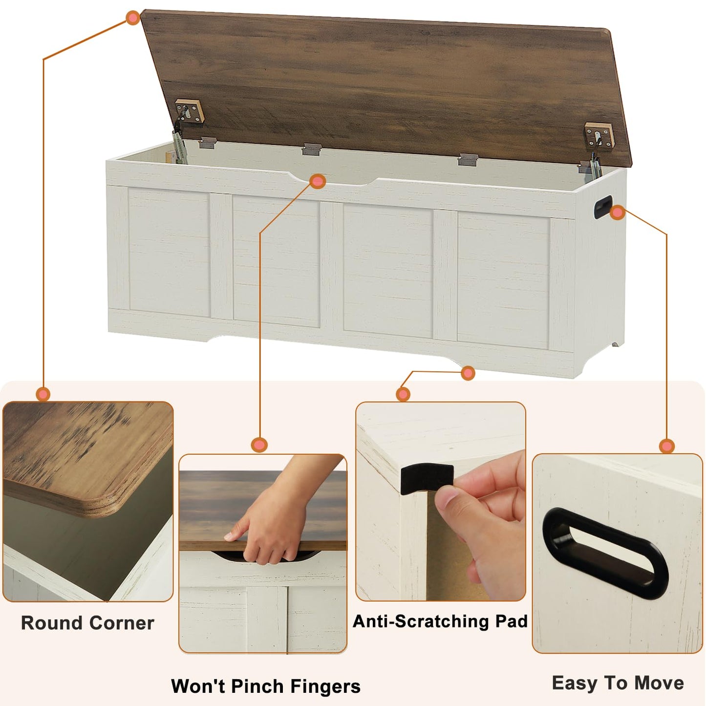 Timberer 47.2" Storage Chest, Extra Large Storage Trunk with 2 Safety Hinges, Wooden Storage Bench, Shoe Bench, Entryway Bench for Living Room, Bedroom, Brown and Rustic White
