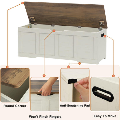 Timberer 47.2" Storage Chest, Extra Large Storage Trunk with 2 Safety Hinges, Wooden Storage Bench, Shoe Bench, Entryway Bench for Living Room, Bedroom, Brown and Rustic White