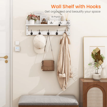 Homode Coat Rack Wall Mount with Hooks and Mail Holder, Entryway Floating Shelf with Key Hooks, Hanging Coat Hanger for Entry, Bathroom, Hallway, Bedroom, White