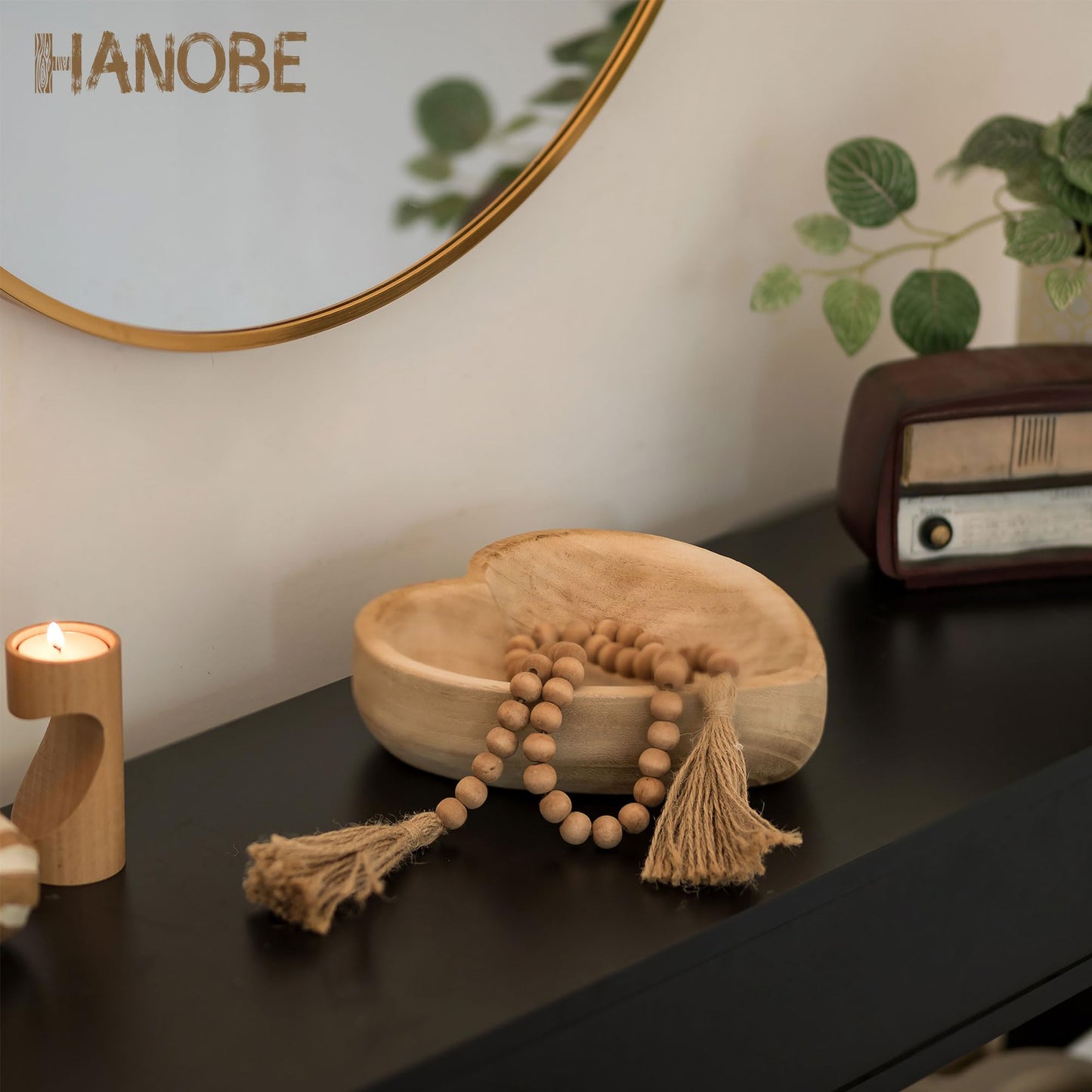 Hanobe Decorative Bowls for Entryway Decor: Small Heart Shaped Wood Key Bowl for Coffee Table Decor - Neutral Prayer Bowls for Home Kitchen Living Room, 7.8"