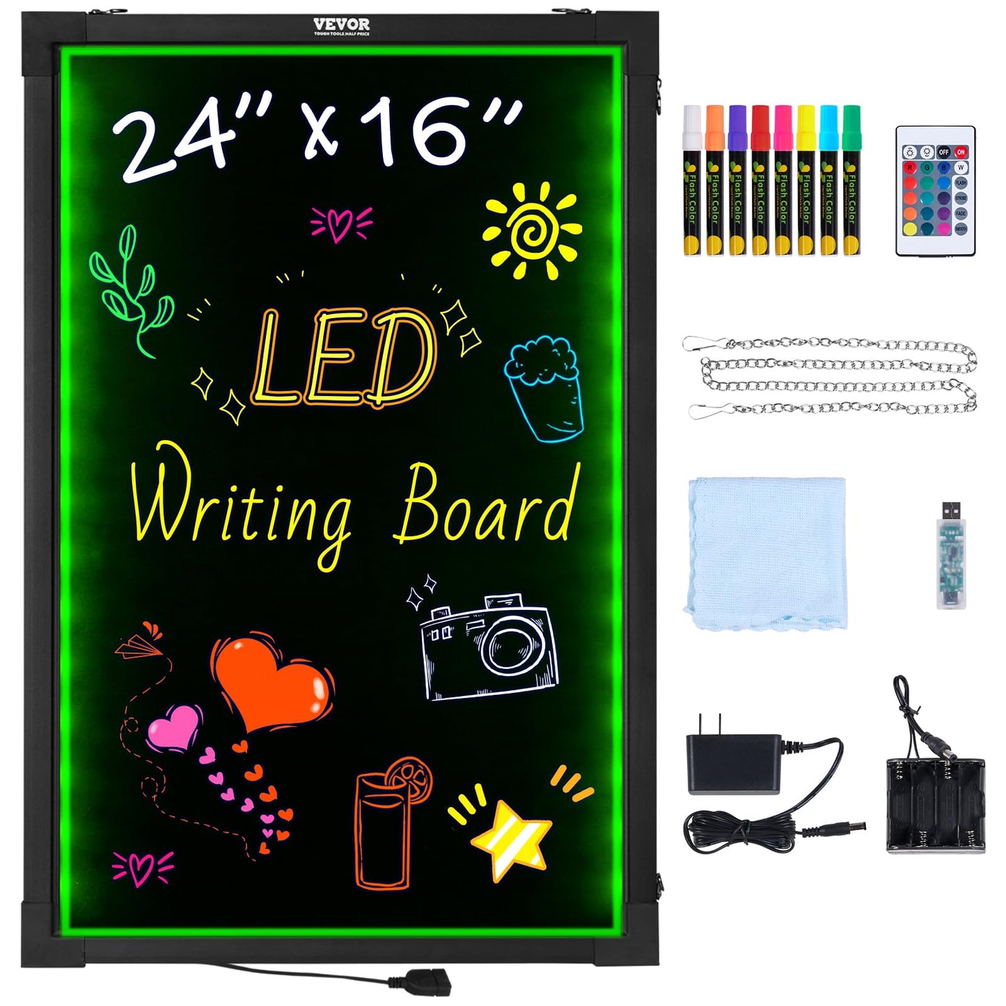 VEVOR 32"x24" LED Message Writing Board, Menu Sign Boards, Illuminated Erasable Lighted Chalkboard, Neon Effect Drawing Panel with 8 Fluorescent Chalk Markers and Remote Control