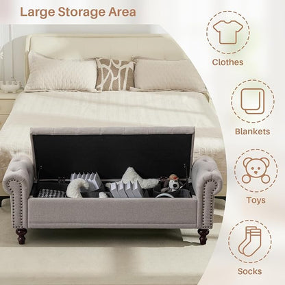 58'' Upholstered Storage Bench for Bedroom, Linen End of Bed Storage Ottoman Benches Large, Button Tufted Ottomans with Storage for Living Room/Entry Way/Closet, Light Brown
