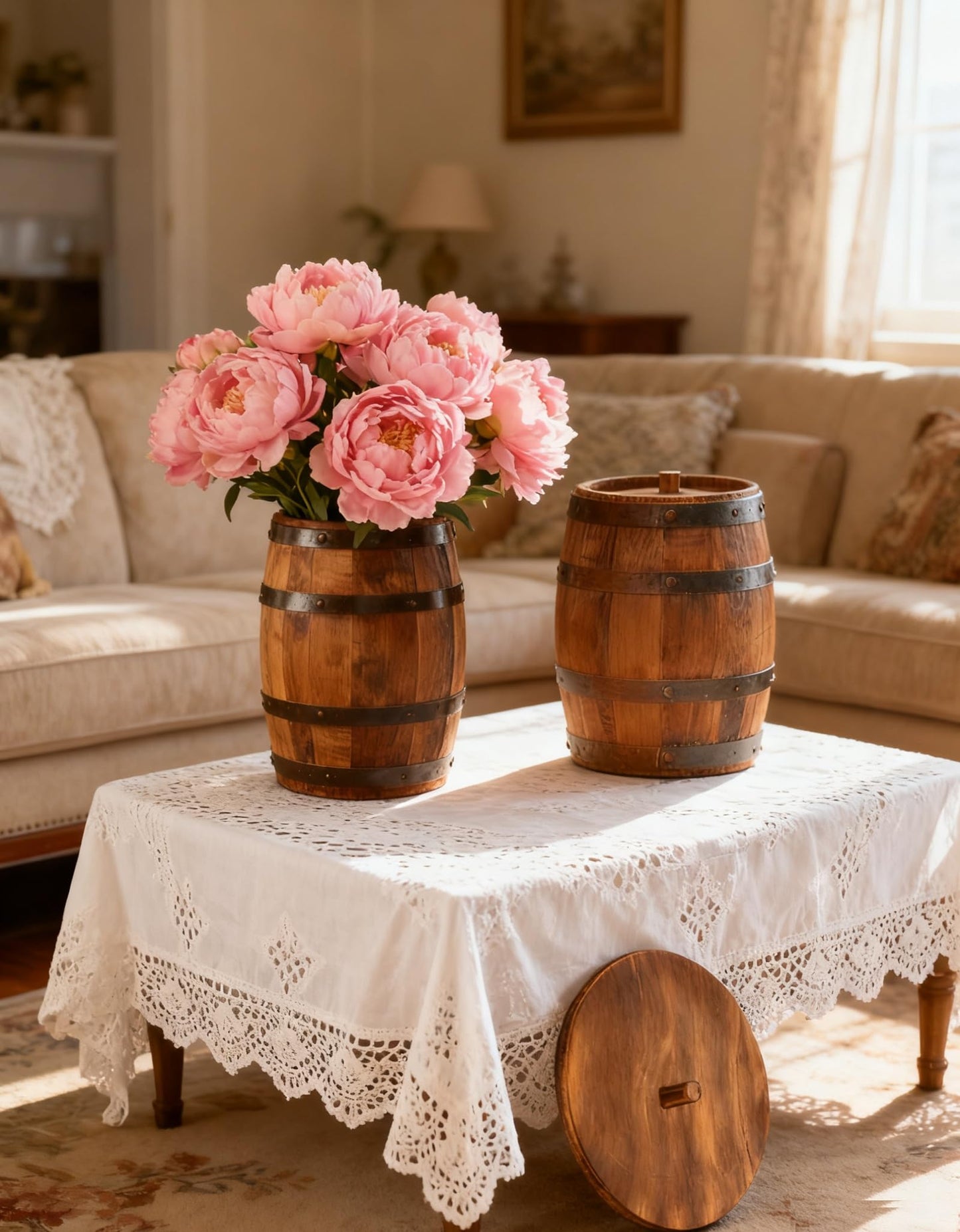 Wood Wine Barrel Vase 6" x 5" – Mini Barrel Rustic Wooden Flower Vase Planter for Wedding Reception, Party Table Decoration,Home Indoor Outdoor Garden, Kitchen,Planting-2pcs (2)