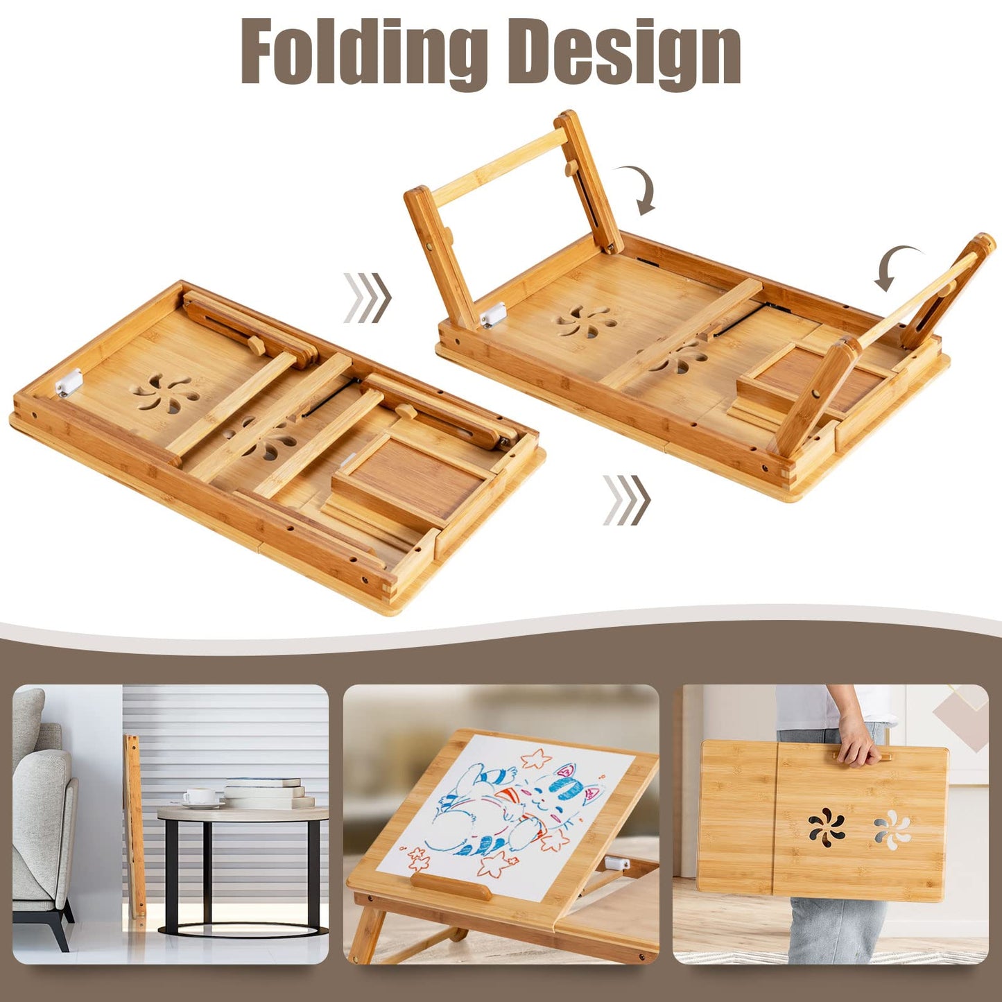 ReunionG Bamboo Laptop Desk with Drawer, Height Adjustable and 4-Level Tilting Desktop, Foldable and Portable Lap Tray with Heat-Dissipation Holes, Tray Table Stand for Surfing Reading Writing Eating