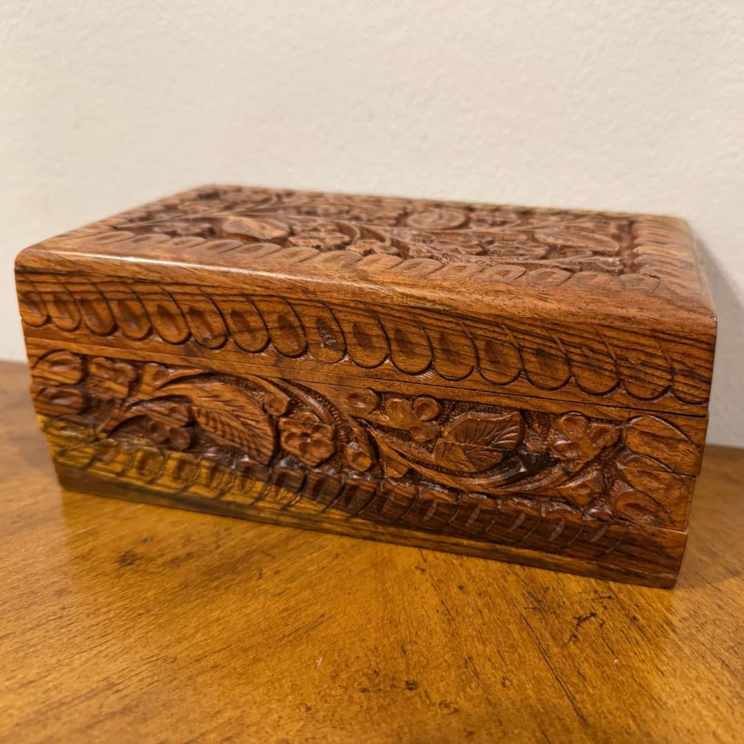 Handcrafted Wooden Jewelry Box – Floral Carvings, Secret Child-Resistant Lock, 7" Tabletop Trinket Holder – Ideal Valentine's Gift for Earrings, Rings, Necklaces, and Keepsakes