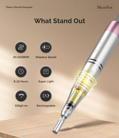 MelodySusie 2 in 1 Professional Nail Drill, 30000 RPM SC330G Electric Nail File with Kickstand for Gel Nails Polishing Removing, Portable Cordless Nail Efile for Manicure Pedicure at Home & Salon,Gold