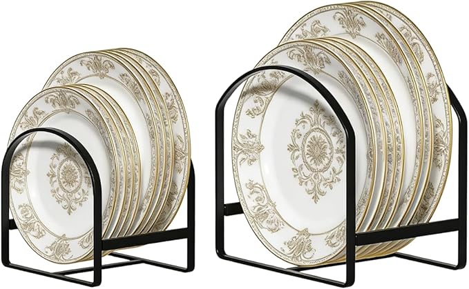 LINFIDITE 2 Pack Kitchen Plate Holder Organizer for Cabinet Space Saver Dinner Plate Storage Rack Upright Dish Drying Racks Metal Dish Stand for Cupboard Countertop Rustproof Black (1 Large 1 Small)