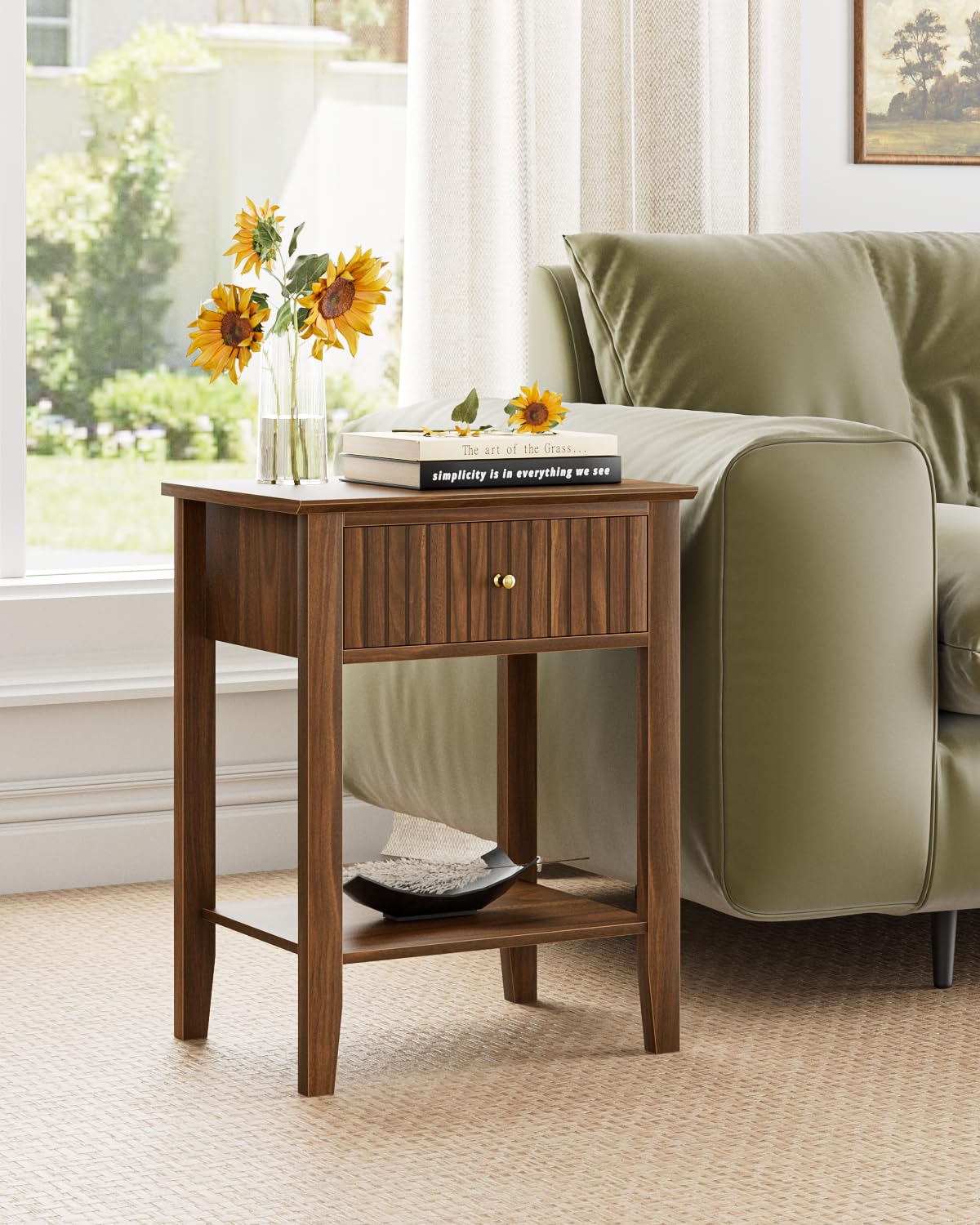 Apetaccat Fluted Nightstand, Farmhouse Night Stand with 1 Drawers, Mid Century Modern Side Accent Table,Bedside End Table for Bedroom, Living Room, Brown